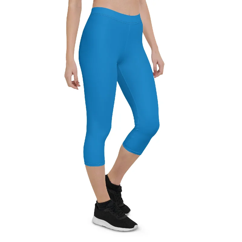 Blue Solid Color Capri Leggings, Bright Blue Solid Color Best Casual Women's Capri Tights-Made in USA/EU/MX Fashionable Ribbed Knit Leggings