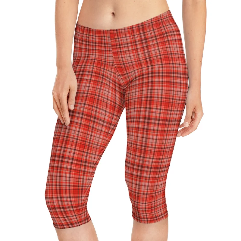 Red Plaid Women's Capri Leggings, Knee-Length Polyester Capris Tights-Made in USA (US Size: XS-2XL) Cozy Reflective Detail Leggings