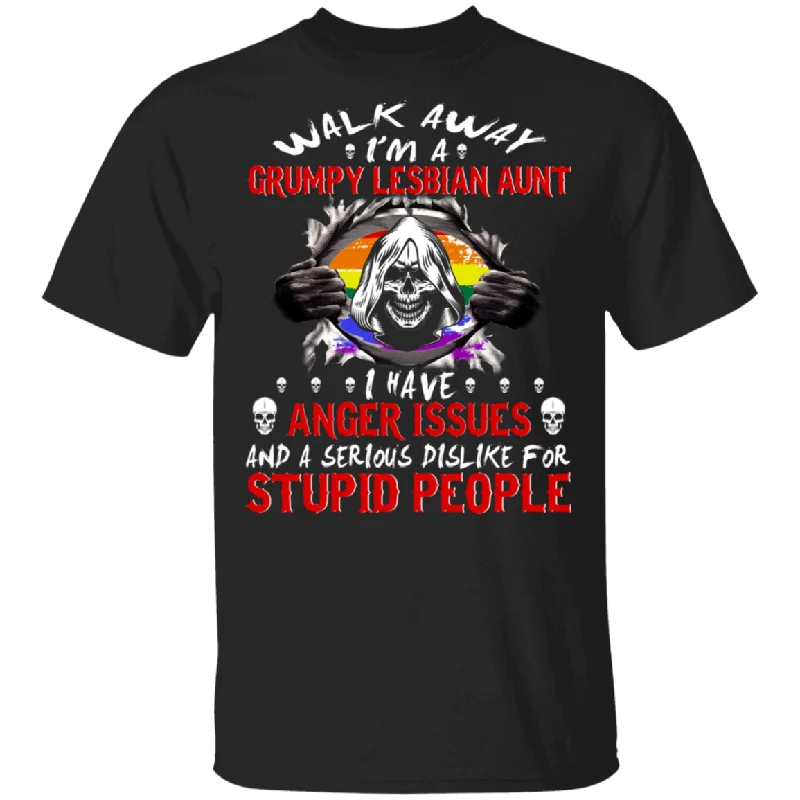 Walk Away I'm A Grumpy Lesbian Aunt I Have Anger Issues And A Serious And Dislike For Stupid People Pride LGBT Flag Mother's Day Gifts T-Shirt Collared T-Shirt Boat Neck A-Line