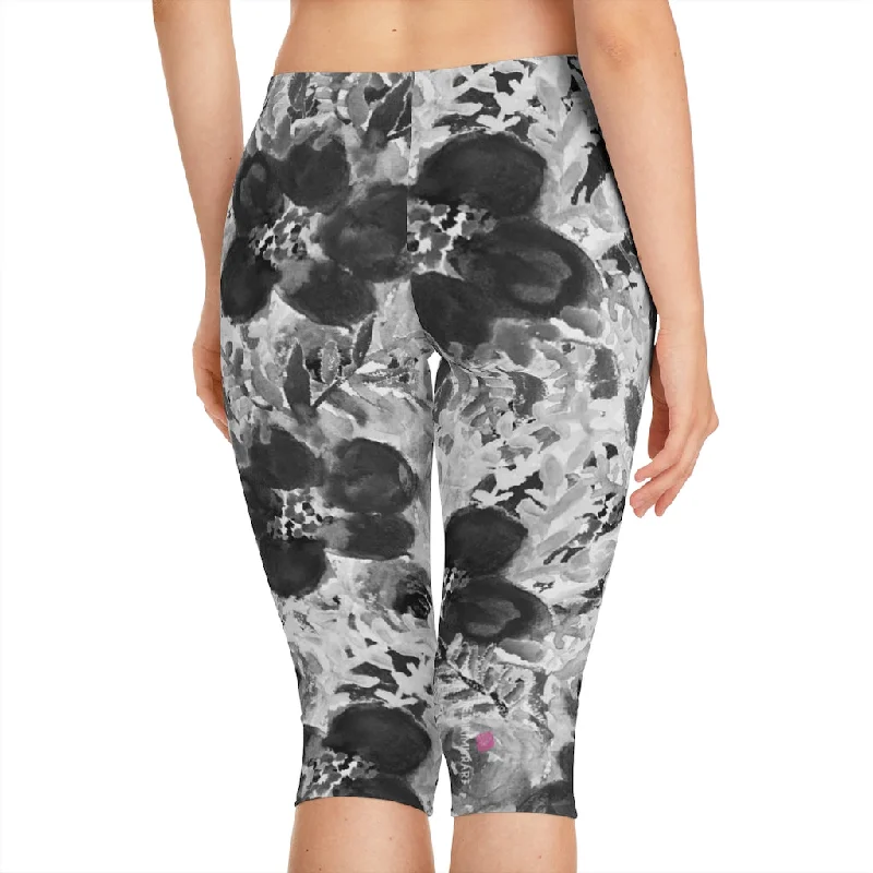 Grey Floral Women's Capri Leggings, Knee-Length Polyester Capris Tights-Made in USA (US Size: XS-2XL) Comfortable Slip-On Leggings