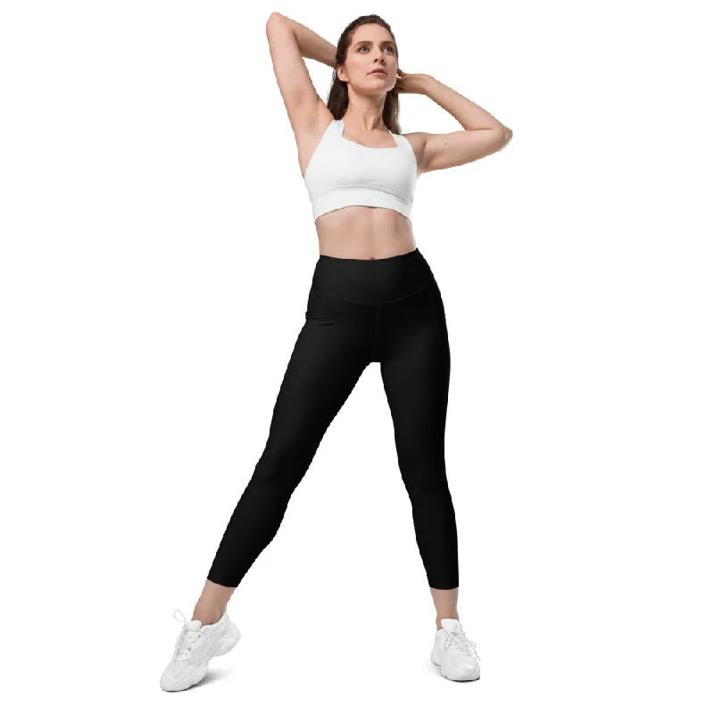 Black Solid Color Women's Tights, Women's 7/8 Leggings With 2 Side Pockets - Made in USA/EU/MX Fashionable High-Rise Workout Leggings