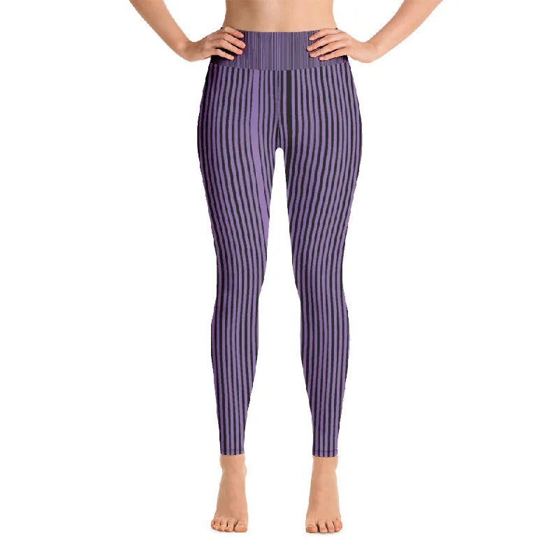 Purple Striped Yoga Leggings, Black Vertically Stripes Women's Long Tights-Made in USA/EU Fashionable Sports Leggings