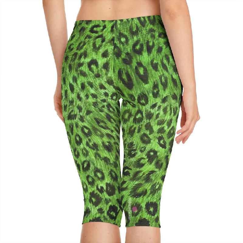 Green Leopard Women's Capri Leggings, Knee-Length Polyester Capris Tights-Made in USA (US Size: XS-2XL) Comfortable Cold Weather Leggings