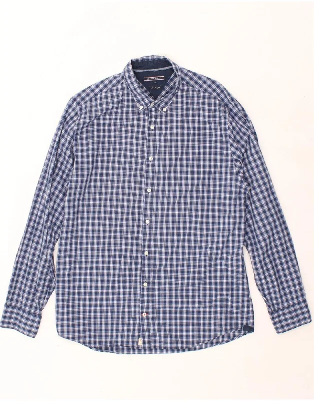 TOMMY HILFIGER Mens New York Fit Shirt XL Navy Blue Check Cotton Basic T-Shirt Crew Neck Short Sleeve