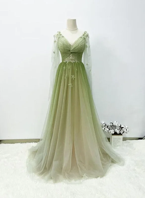 A-line Green Gradient Tulle Long Sleeves Party Dress, V-neckline Green Formal Dress Prom Dress Tunics Satin smooth