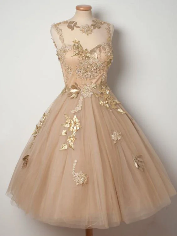 A-Line Jewel Tea-Length Open Back  Tulle Homecoming Dress with Appliques,220031 Tunics Prom sequined