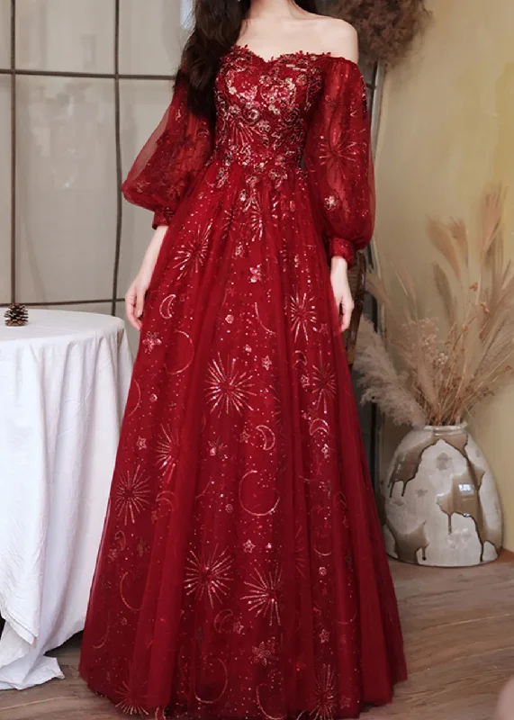 Wine Red Lace Applique Off Shoulder Party Dress, Dark Red Junior Prom Dress Tunics Versatile functional