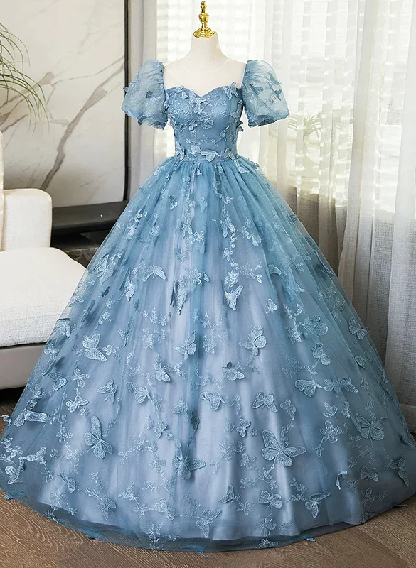 Blue Short Sleeves Long Party Dress with Butterfly Lace, Blue Prom Dress Tunics Sale discount