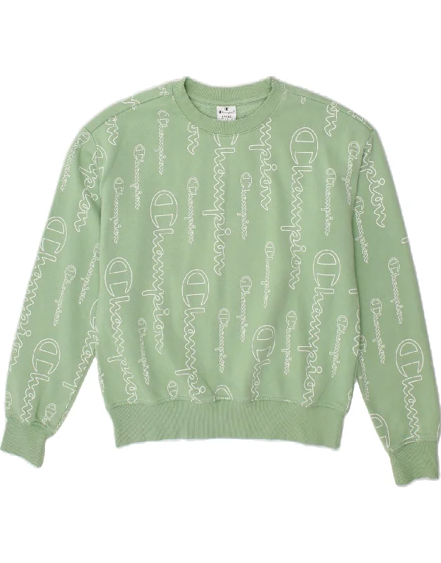 CHAMPION Womens Graphic Sweatshirt Jumper UK 16 Large Green Cotton Hoodie with Patch Decorative Personalized