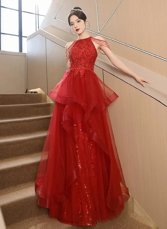 Red Tulle Halter A-line Long Evening Dress, Red Tulle Prom Dress Party Dress Tunics Chinos classic
