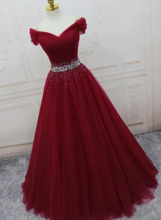 Wine Red Elegant Princess Gown, Handmade Off Shoulder Ball Gowns, Party Dress Tunics Velvet soft