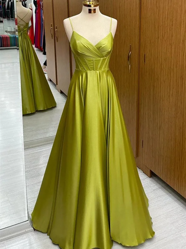 Green Satin A-line Straps Long V-neckline Party Dress, Green Satin Prom Dress Tunics stripes playful