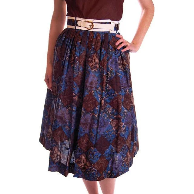Vintage Skirt Brown & Dia Blue Cotton Print Diamonds NOS 1950S 24" a-line skirt cut