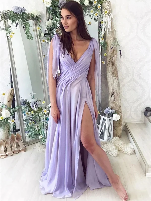 Light Purple Chiffon Long Prom Dress, Purple Party Dress wiith Leg Slit Square Neckline Feminine