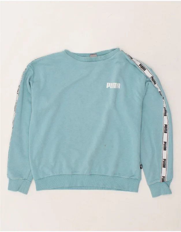 PUMA Womens Graphic Sweatshirt Jumper UK 14 Medium Blue Hoodie with Hem Raw Edge Edgy Unfinished