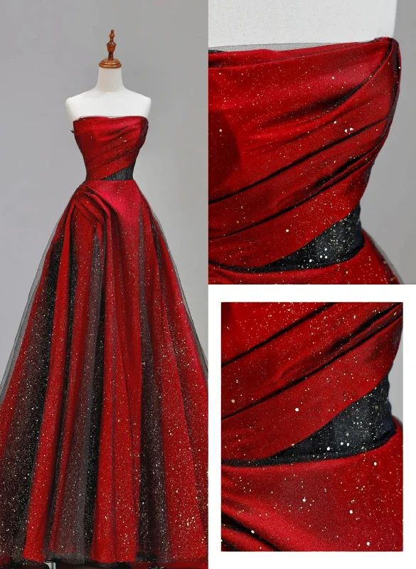 Red and Black Satin with Tulle Chic Long Party Dress, Red Long Prom Dress Tunics Leisure comfortable
