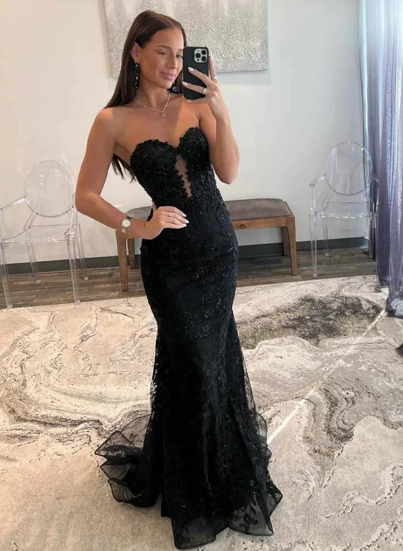 Black Lace Mermaid Sweetheart Long Party Dress, Black Lace Prom Dress Tunics Bestseller popular