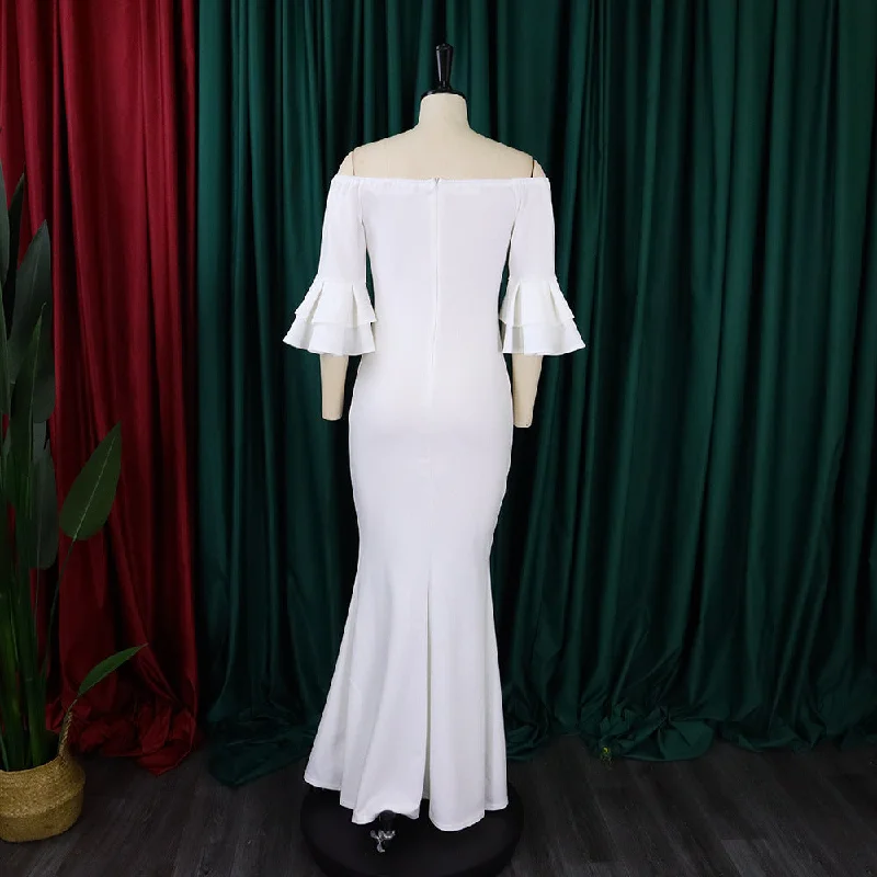 Sexy Off Shoulder Backless Long Maxi Dress Evening Party Dress Off-White S4268934 Tunics Ceremony elegant
