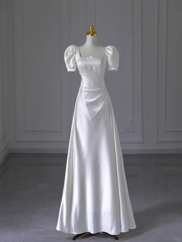 White Satin Short Sleeves A-line Wedding Party Dress, White Satin Formal Dress Turtleneck Warm Winter