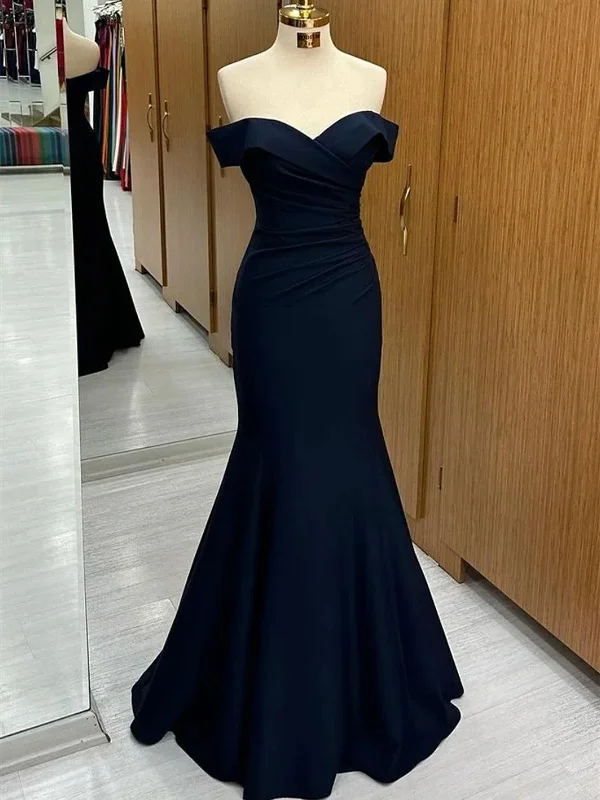 Navy Blue Mermaid Spandex Off Shoulder Party Dress, Navy Blue Prom Dress Shift Classic Vintage