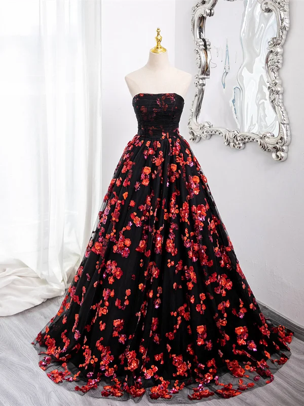 Black and Red Off Shoulder Floral Tulle Formal Dress, Floor Length Party Dress Cowl Neckline Elegant