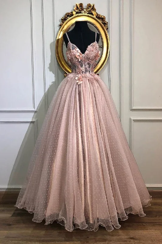 Pink Spaghetti Straps Tulle Appliques Long Prom Dress A Line Formal Party Dress DMS65 Sequined Elegant Party