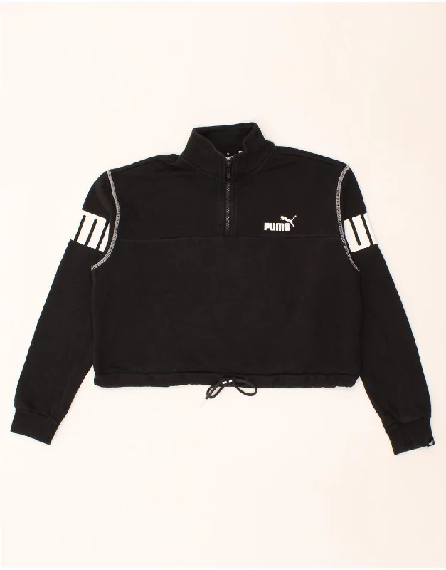 PUMA Womens Oversized Graphic Zip Neck Sweatshirt Jumper UK 10 Small Black Hoodie with Logo Branding Identity