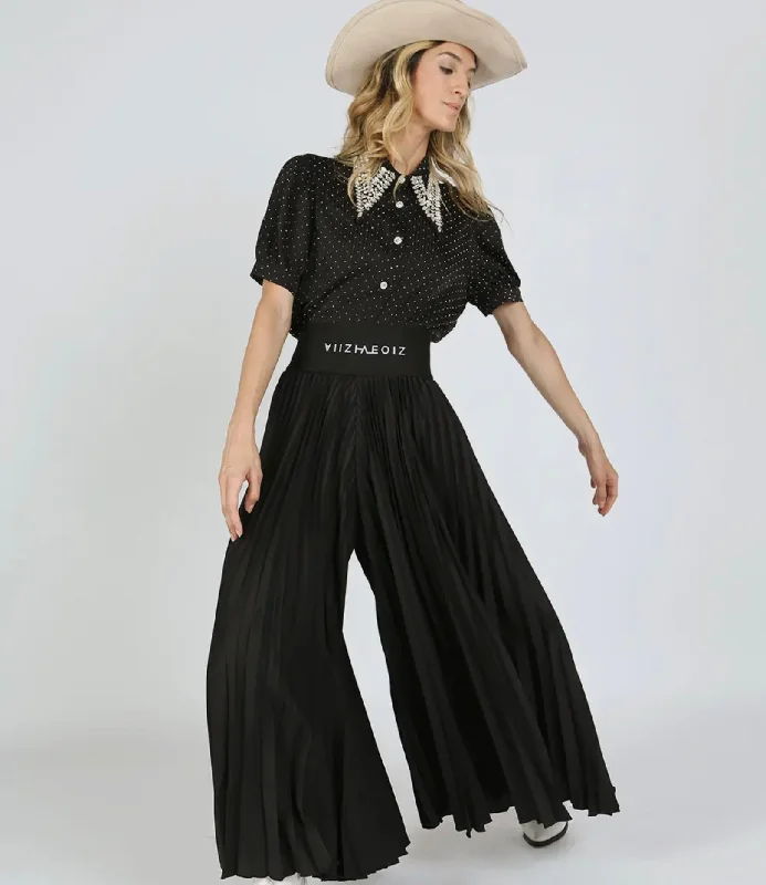 Wide Leg Black Pleated Pants Elegant High-Waist Pants