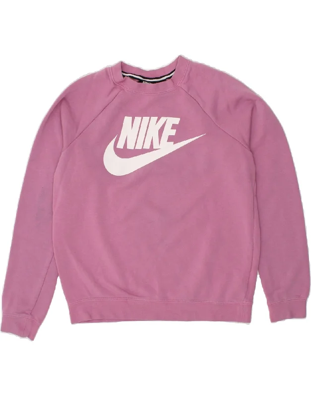 NIKE Womens Oversized Graphic Sweatshirt Jumper UK 10 Small Pink Cotton Hoodie with Hem Applique Textured Unique
