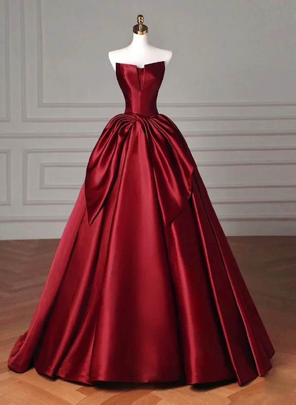 Wine Red Satin Long Party Dress Formal Dress, Wine Red Prom Dress Off-the-shoulder Chic Trendy