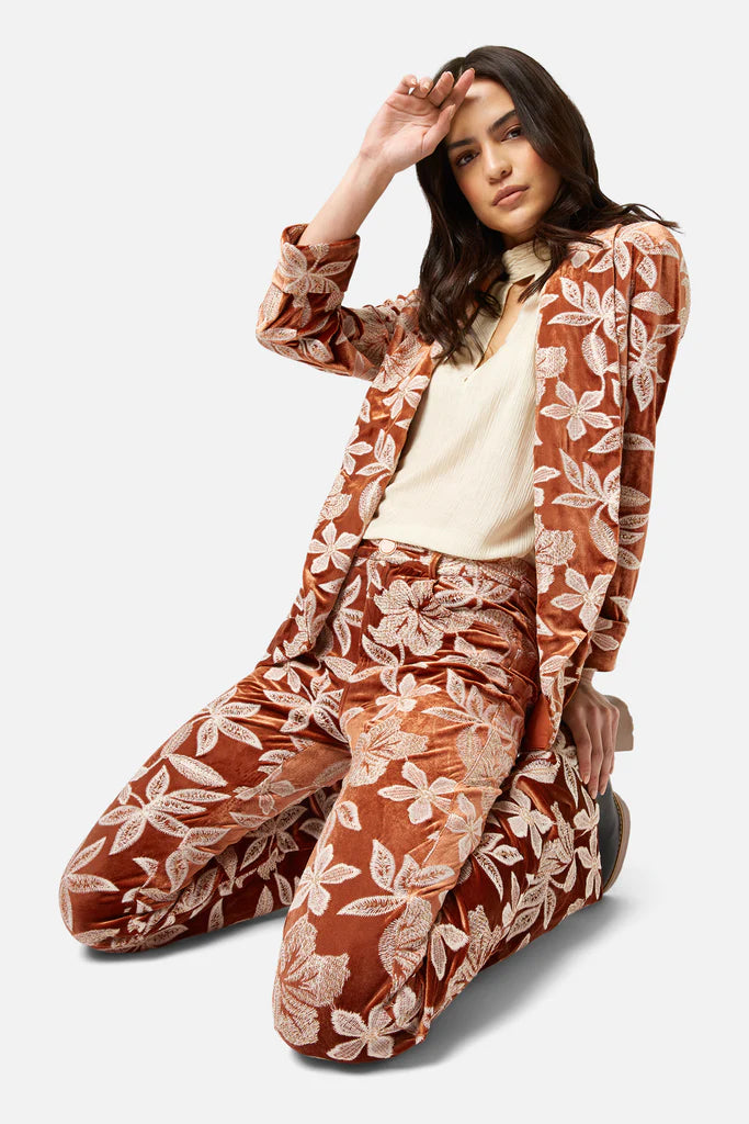 Tan Velvet Embroidered Pant Comfortable Cargo Pants