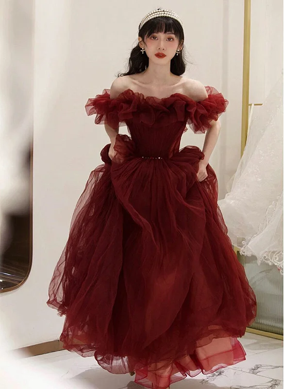 Wine Red Tulle Off Shoulder Long Party Dress, Wine Red Tulle Prom Dress Tunics Office stylish