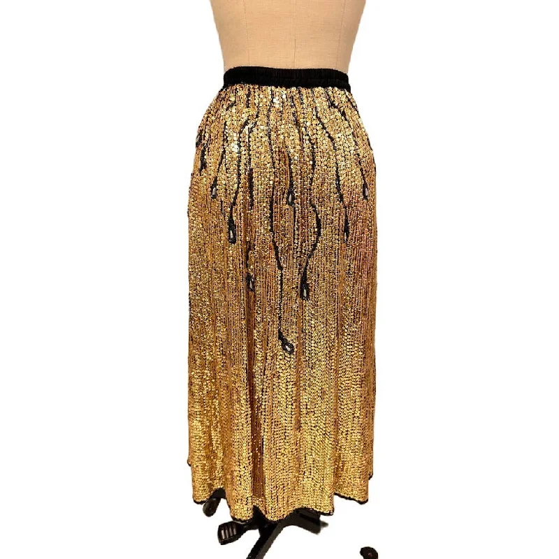 VTG 80s Gold Sequined Skirt Beaded Peacock Feather Design Sz S denim skirt trendy