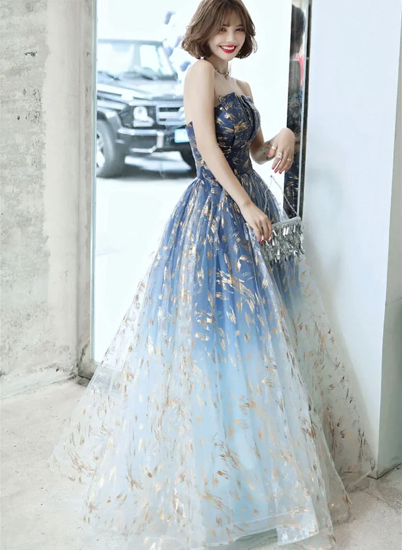 Lovely Blue Graident Tulle Floor Length Party Dress, Blue Tulle Prom Dresses Tunics Seasonal trendy