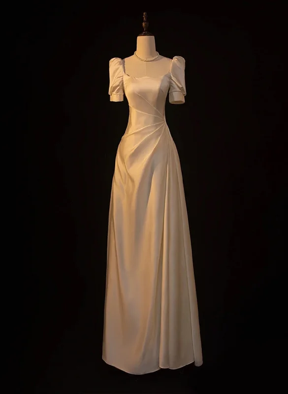 Ivory Satin Short Sleeves A-line Wedding Party Dress, Ivory Long Prom Dress Tunics Trendy modern