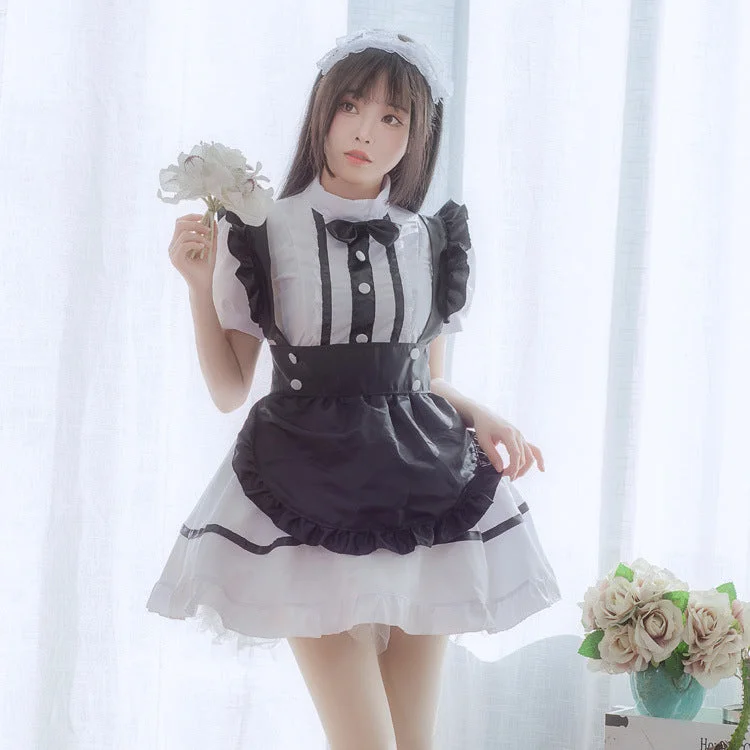 Blue Waifu Anime Maid Kawaii Bow Cosplay Costume Dress Set Tunics Polka dots