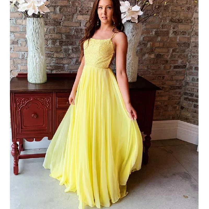 Yellow Spaghetti Straps A-line Backless Chiffon Sequin Prom Dresses, FC2402 Tunics Winter warm