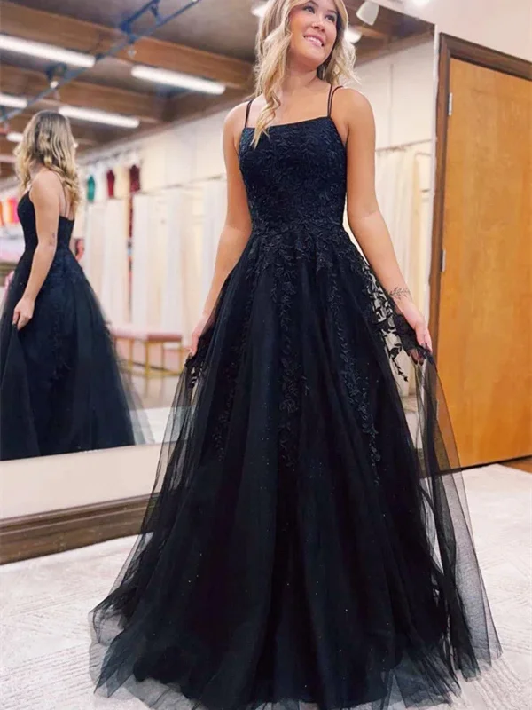 Black A-line Tulle with Lace Applique Prom Dress, Black Tulle Party Dress Satin Halter Glamorous