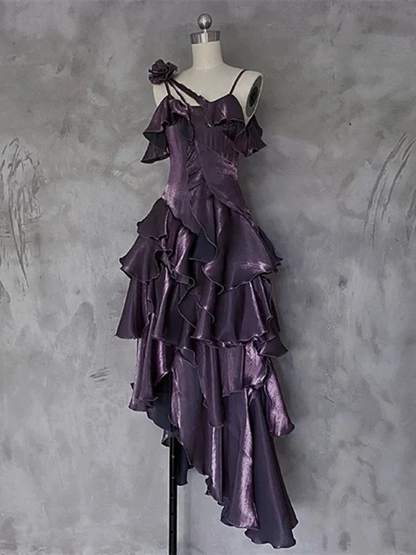 Purple High Low Straps Satin Long Party Dress, Purple Satin Homecoming Dress Tunics Seasonal trendy
