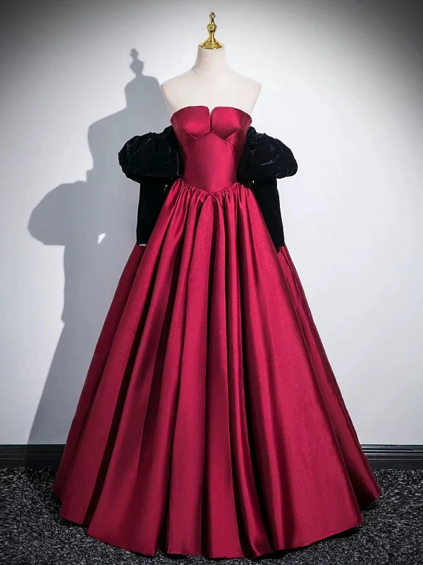 Wine Red Satin Long Party Dress with Black Sleeves, Wine Red A-line Prom Dress Boat Neckline Classic