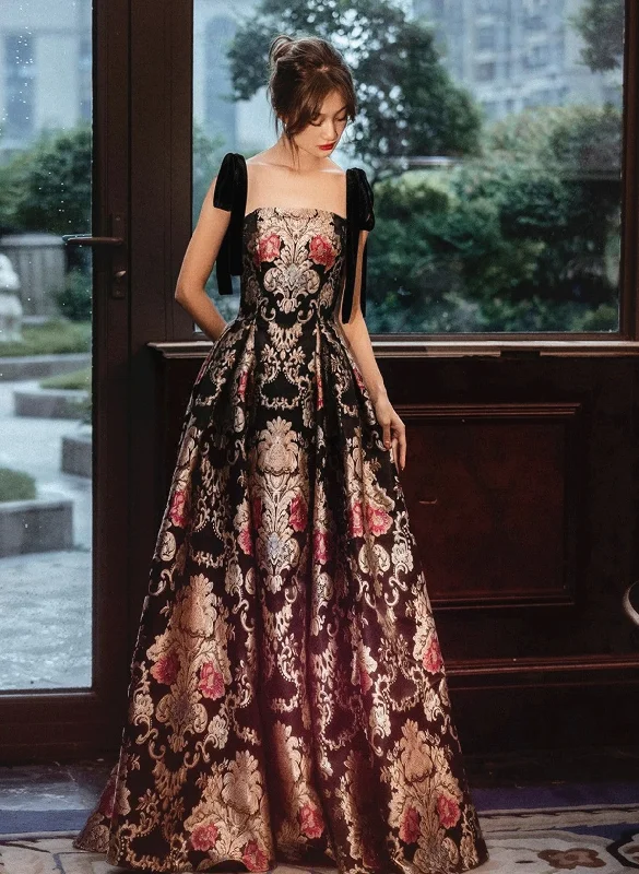 Black A-line Floral Satin Straps Long Party Dress, Black Satin Prom Dress Tunics Lace romantic