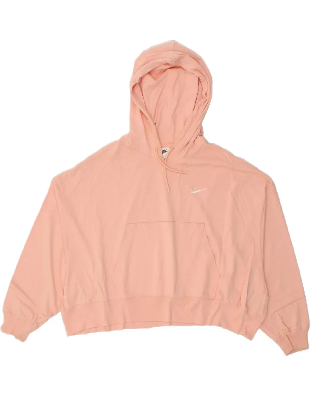 NIKE Womens Crop Oversized Hoodie Jumper UK 16 Large Pink Cotton Cotton Hoodie Fleece Lining Warmth