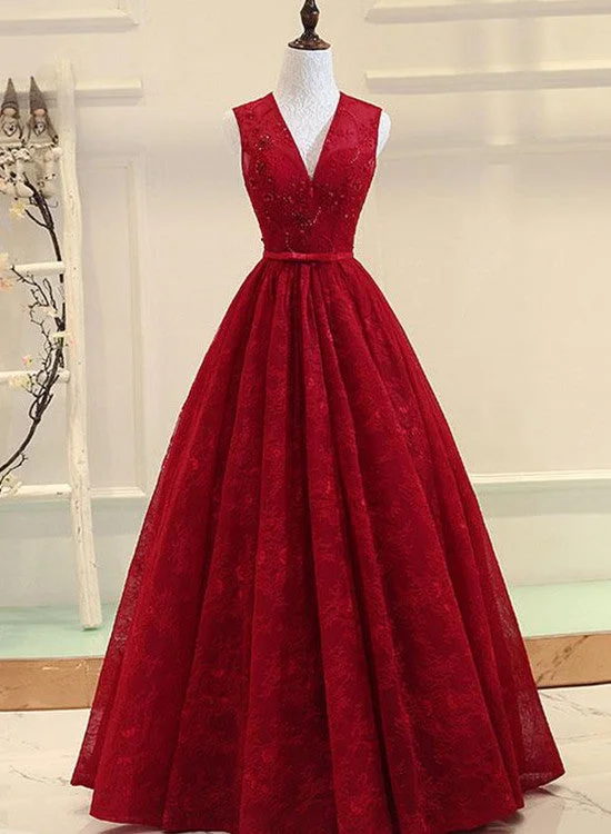 Dark Red Lace Long Formal Gown, V-neckline Party Dress, Prom Dresses Tunics New arrival