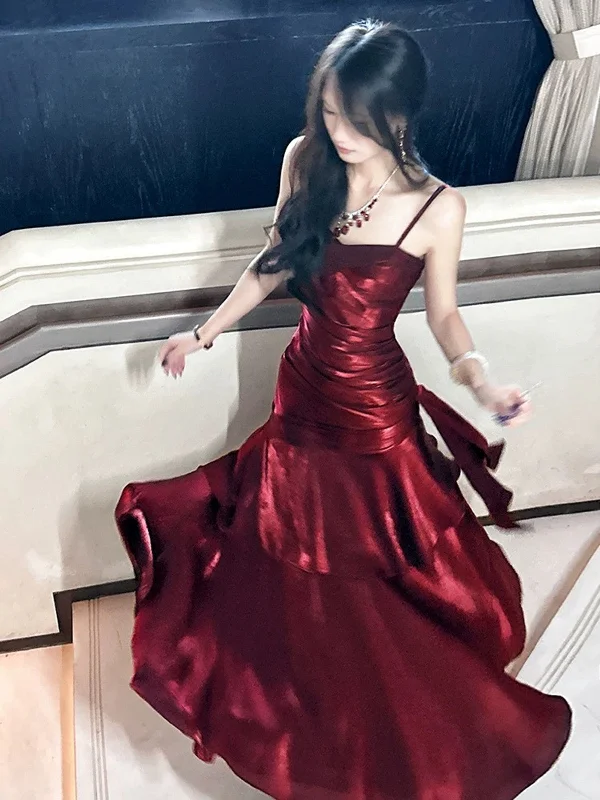 Wine Red Straps Mermaid Long Party Dress, Wine Red Evening Dress Formal Dress Off-the-shoulder Bohemian Festive