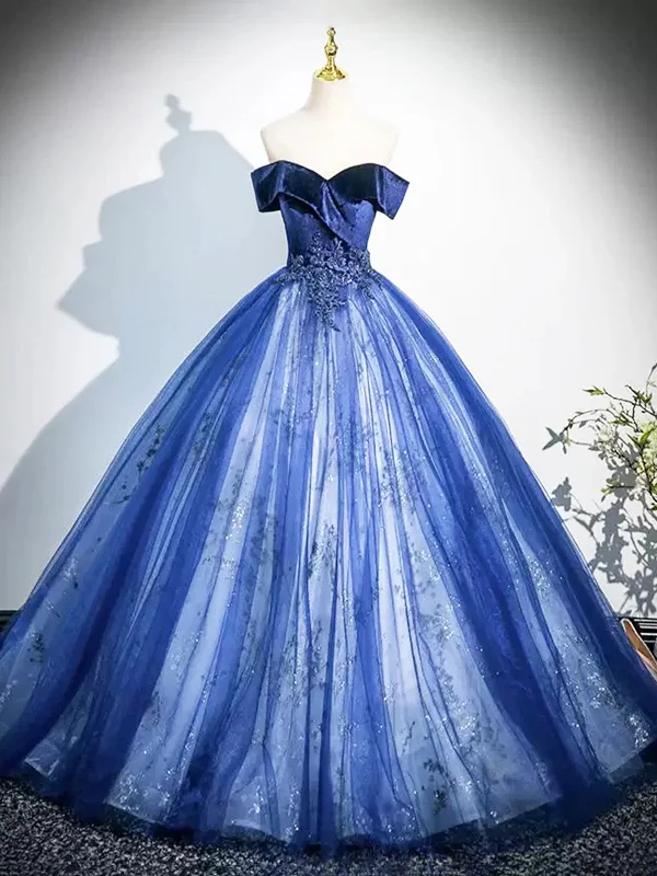 Blue Ball Gown Tulle Off Shoulder Long Formal Dress, Blue Sweetheart Party Dress Mermaid Tail Wedding