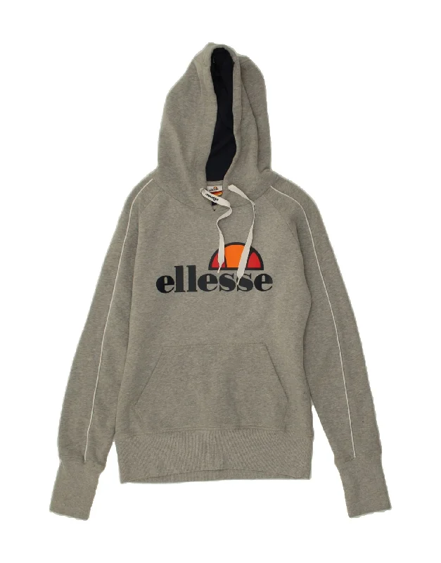 ELLESSE Womens Graphic Hoodie Jumper UK  8 Small Grey Cotton Hoodie with Toggle Buttons Decorative Unique