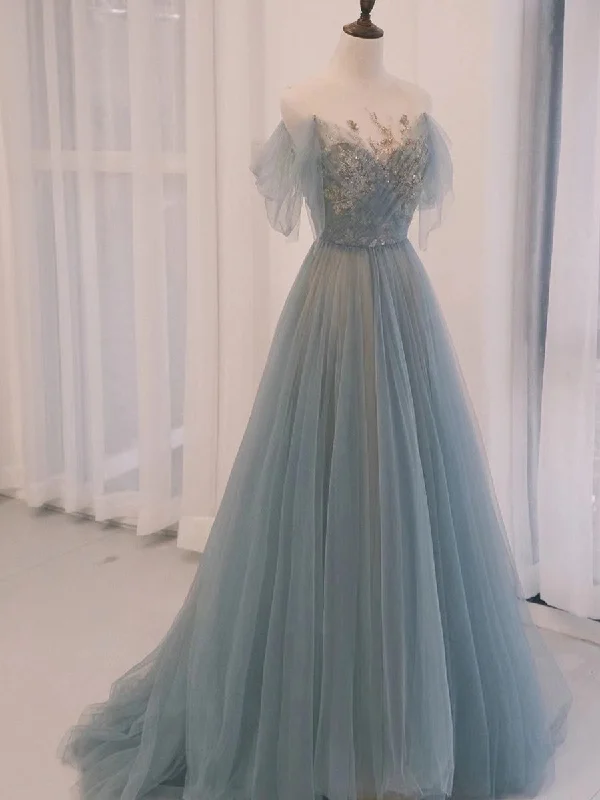 Blue Tulle Sweetheart Off Shoulder Long Party Dress, Elegant Evening Dress Tunics Trousers formal