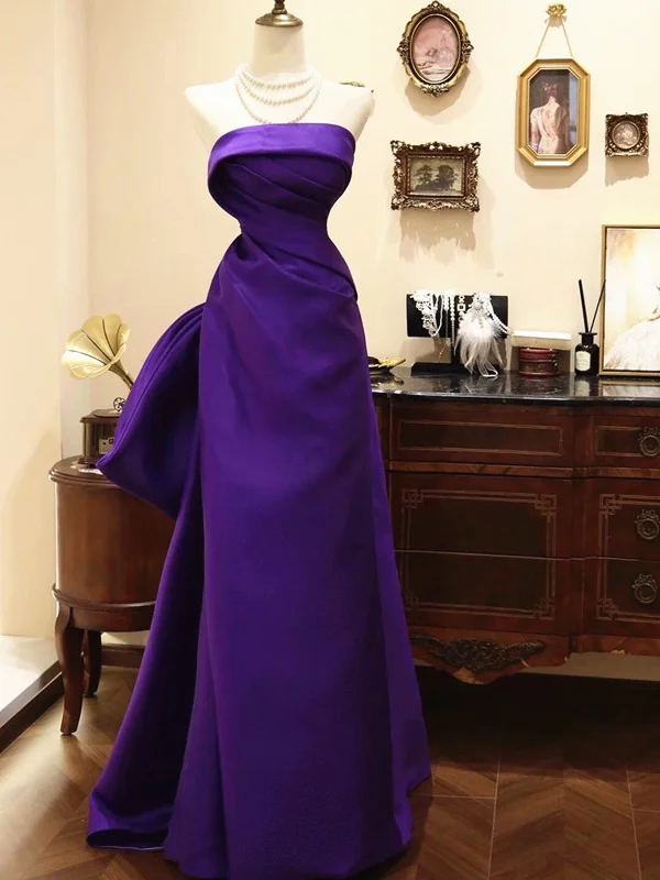 Purple Satin Scoop A-line Floor Length Party Dress, Purple Satin Long Prom Dress with Bow Tunics Luxurious premium