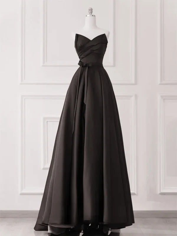 A-line Black Satin V-neckline Strapless Prom Dress, Black Long Party Dress Tunics Chinos classic