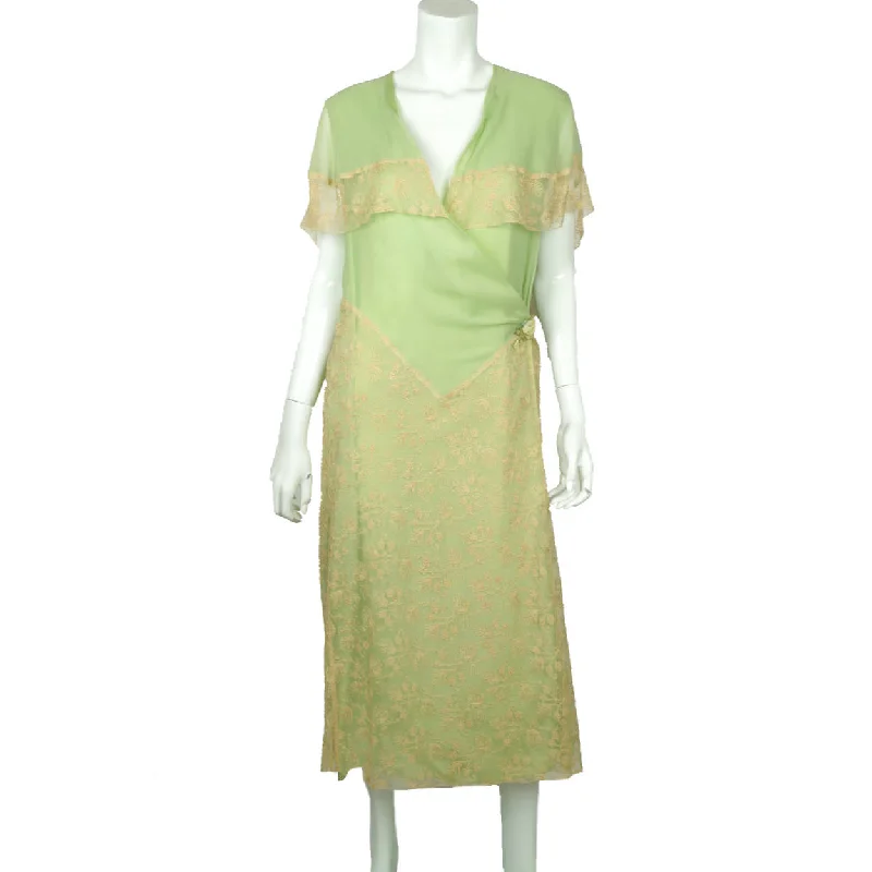 Vintage 1920s Green Chiffon Silk & Lace Peignoir Dress Flapper Style Size M Tunics Short Trendy